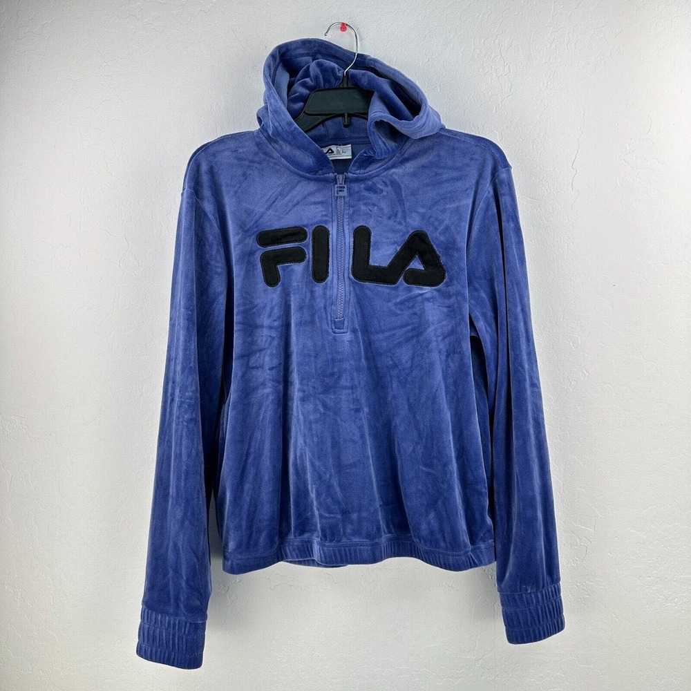 Fila Sweatshirt Womens M Blue Black Velvet Hoodie Quarter Zip Stretch Athletic